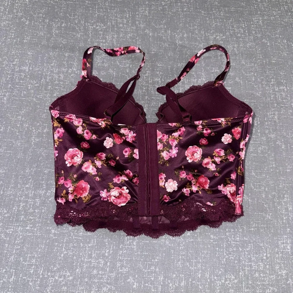 Victorias Secret Dream Angels Bustier Womens 32C Red Floral Satin Boned Demi